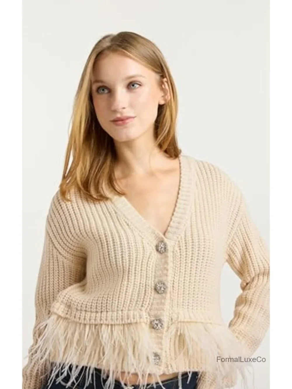 Cropped Feather Trim Cardigan - Long Sleeve Knit Sweater, 100% Acrylic, Dry
